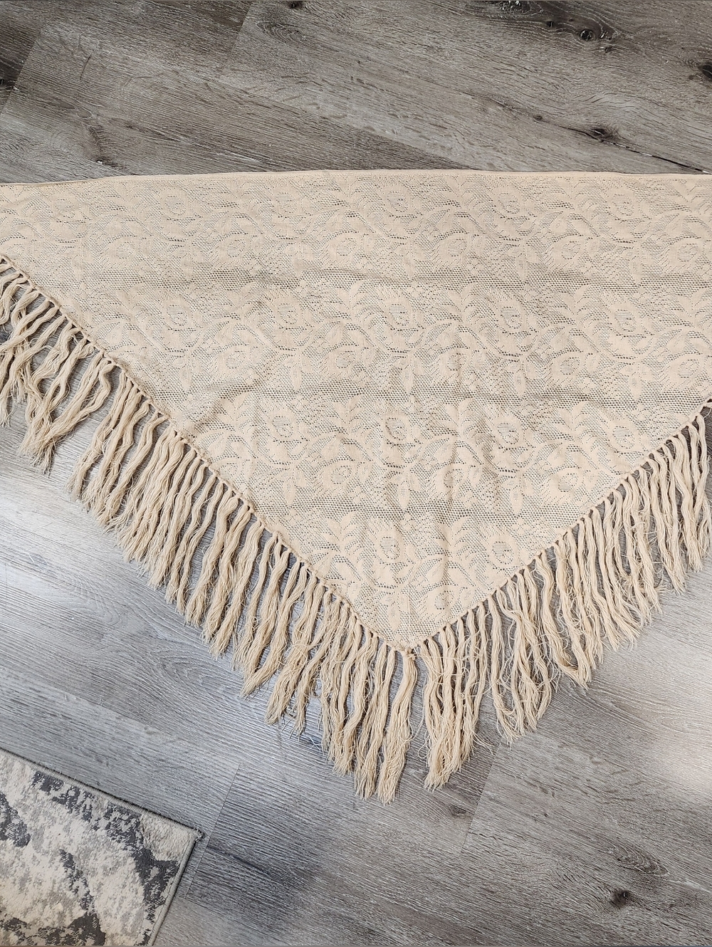 Tan Neutral Floral Cover Fringe Shawl - Lightweight Triangle Wrap Coverup